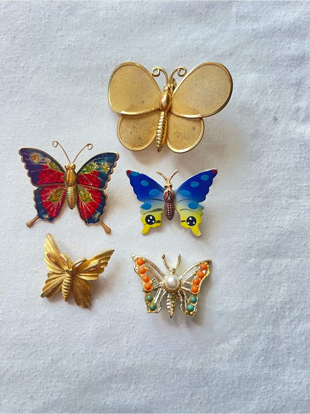 Lot of 5 Vintage-Inspired Butterfly Pin Lot - Colorful Enamel & Gold Tones - Picture 1 of 2